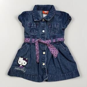 Y2k Kids Hello Kitty Jean Denim Dress Size 2T Purple Snap Button Cloth Belt